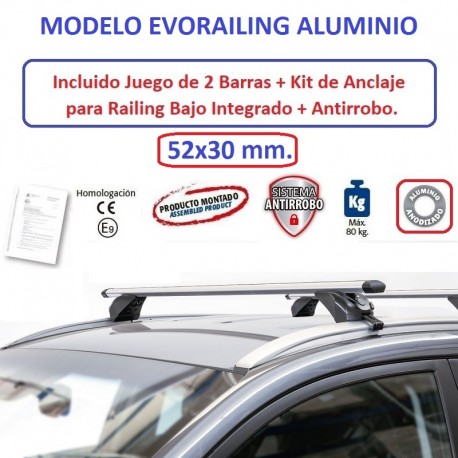Juego de 2 Barras en Aluminio para Renault KADJAR (I), CON RAILING INTEGRADO, de 2015 a 2023.