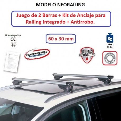 Juego de 2 Barras de Aluminio para Renault KADJAR (I), CON RAILING INTEGRADO, de 2015 a 2023.